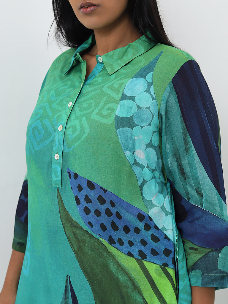 Diza Green Foliage Printed Cotton A-Line Kurta