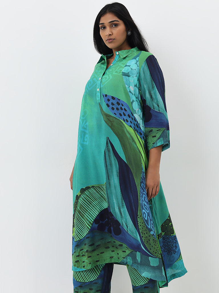 Diza Green Foliage Printed Cotton A-Line Kurta