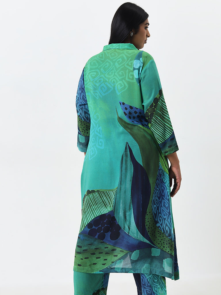 Diza Green Foliage Printed Cotton A-Line Kurta