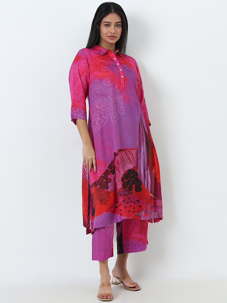 Diza Magenta Printed A-Line Kurta