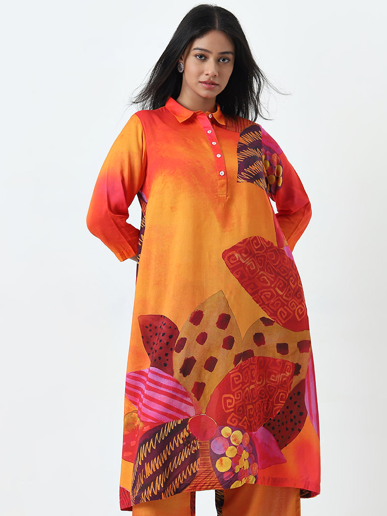 Diza Orange Tropical Printed A-Line Kurta