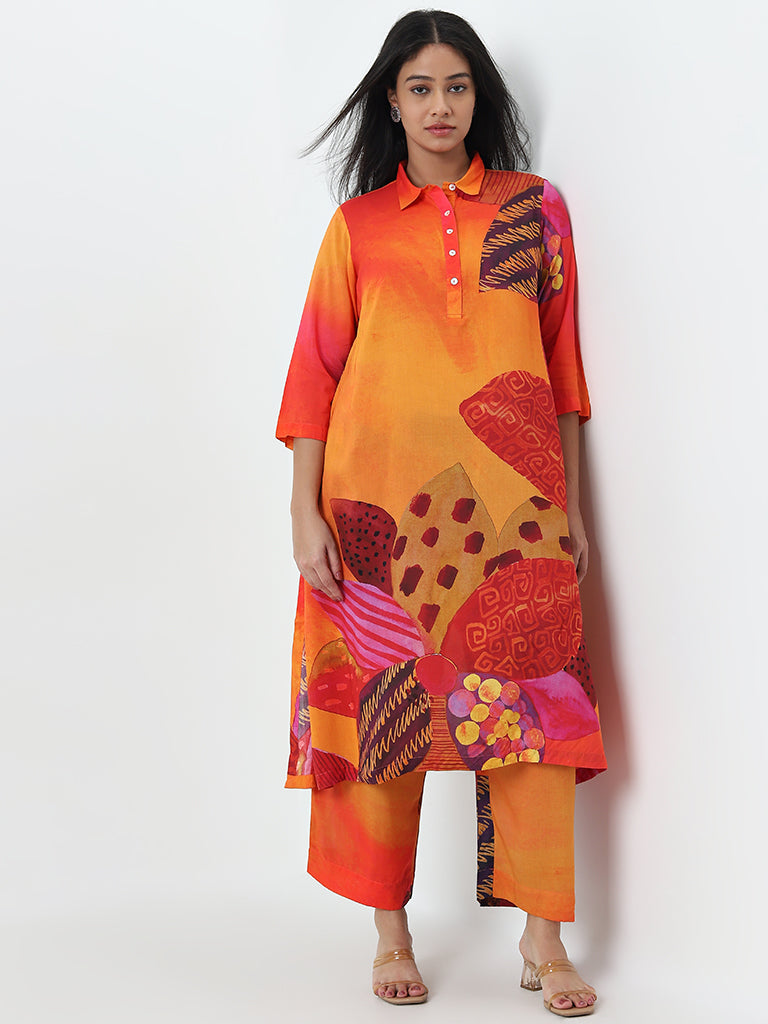 Diza Orange Tropical Printed A-Line Kurta