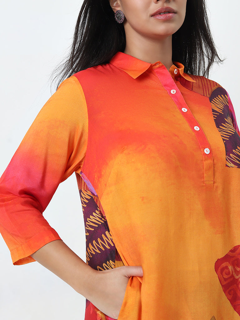 Diza Orange Tropical Printed A-Line Kurta