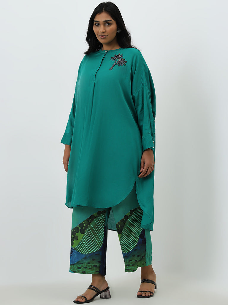 Diza Green Embroidered High-Low Cotton Kurta