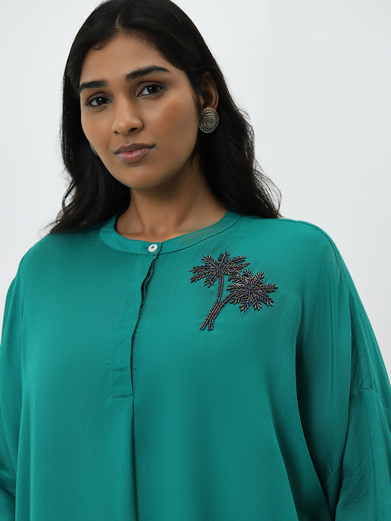 Diza Green Embroidered High-Low Cotton Kurta