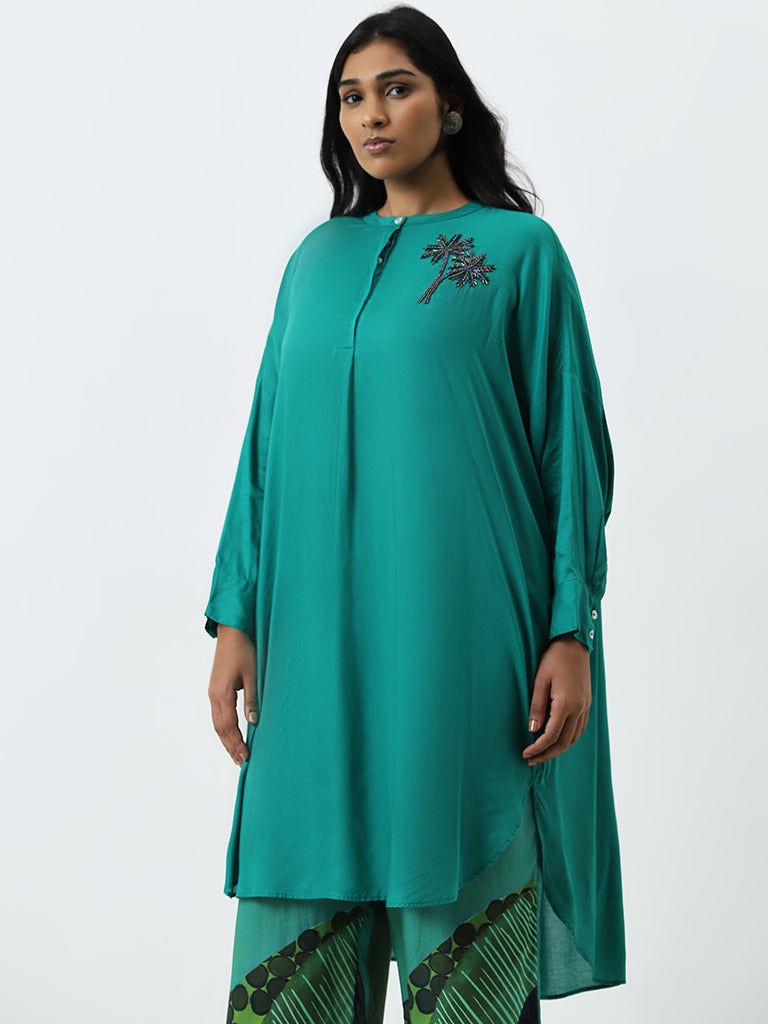 Diza Green Embroidered High-Low Cotton Kurta