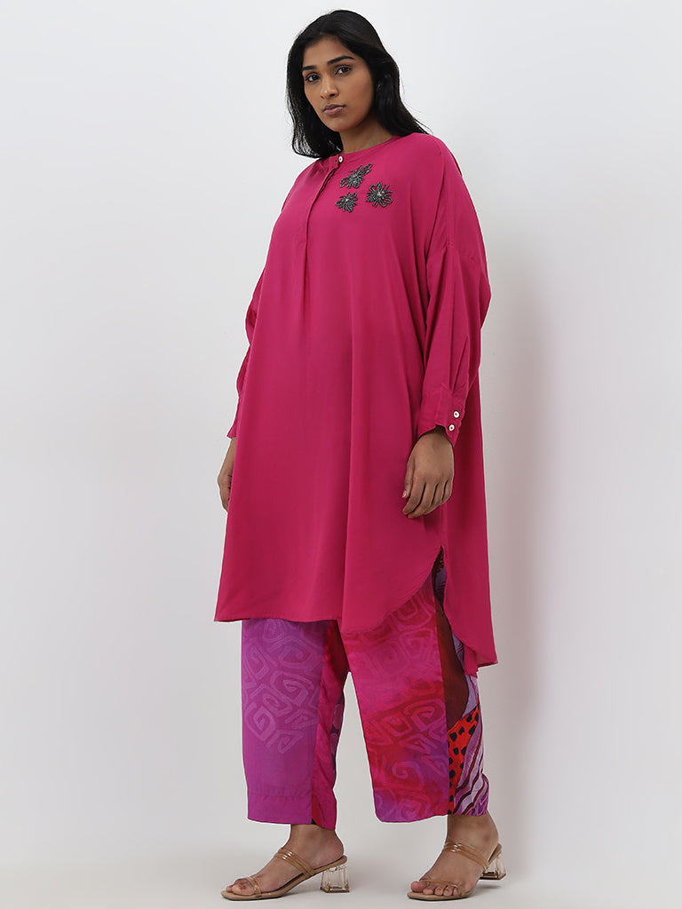 Diza Magenta Floral Embellished High-Low Cotton Kurta