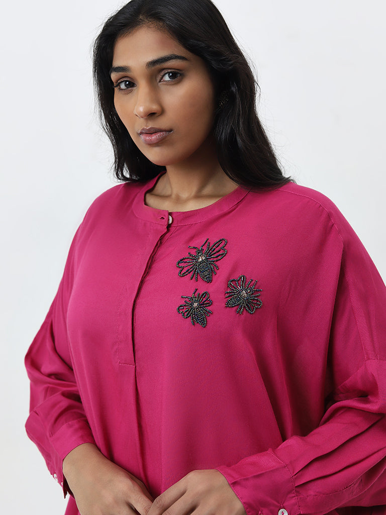 Diza Magenta Floral Embellished High-Low Cotton Kurta