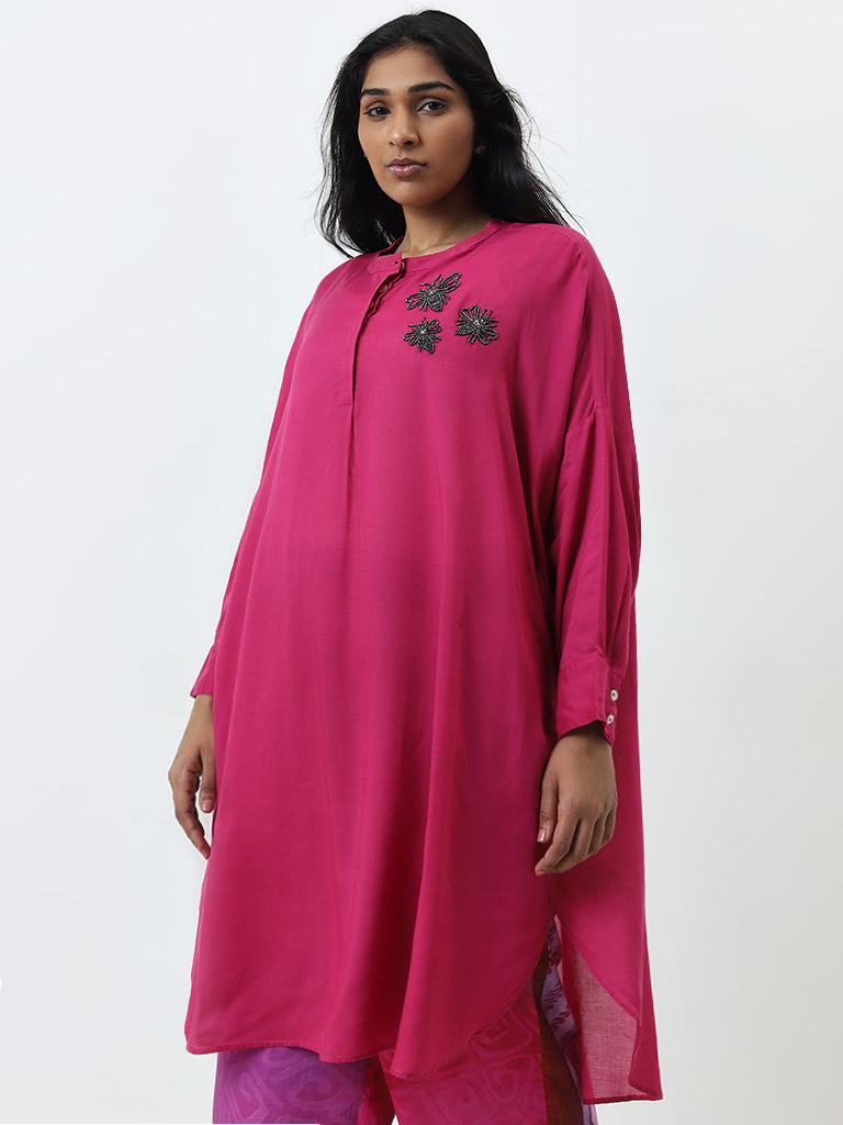 Diza Magenta Floral Embellished High-Low Cotton Kurta