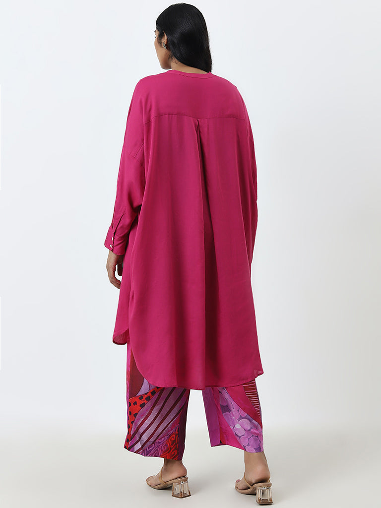 Diza Magenta Floral Embellished High-Low Cotton Kurta