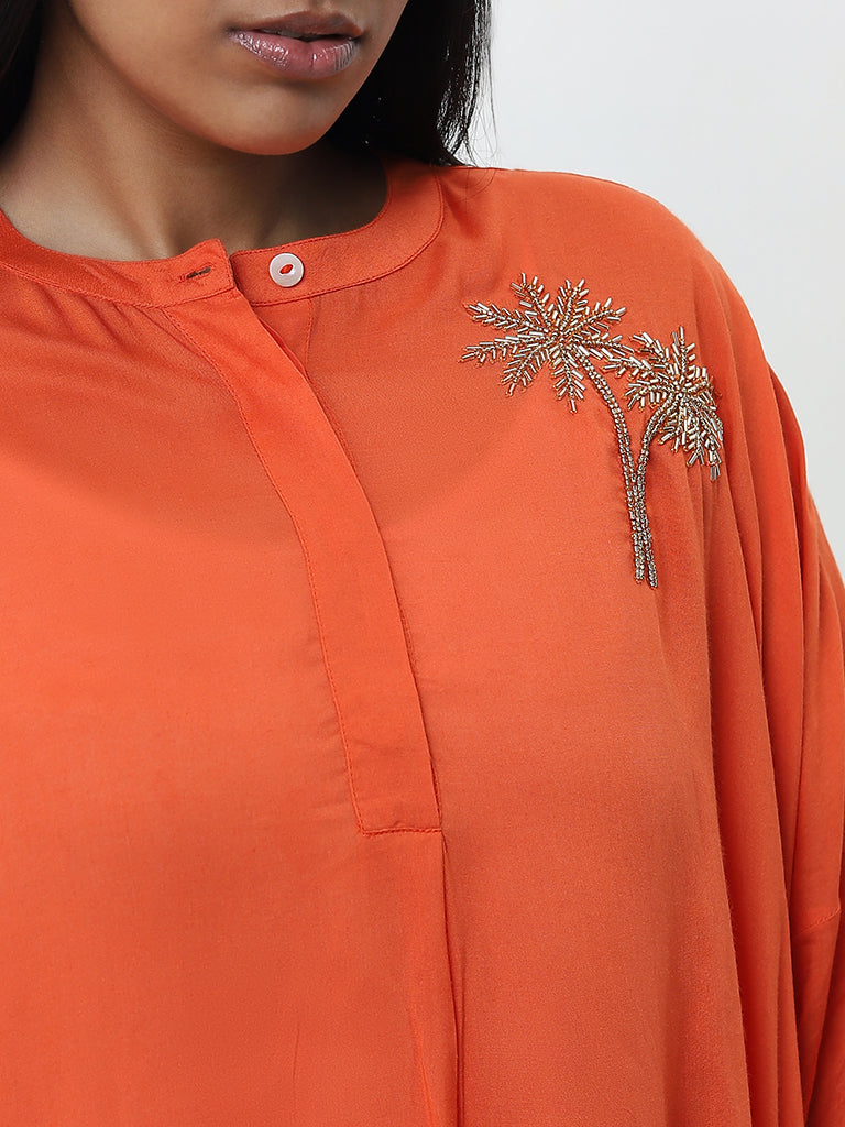 Diza Orange Embellished High-Low Cotton Kurta