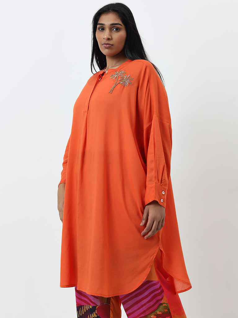 Diza Orange Embellished High-Low Cotton Kurta