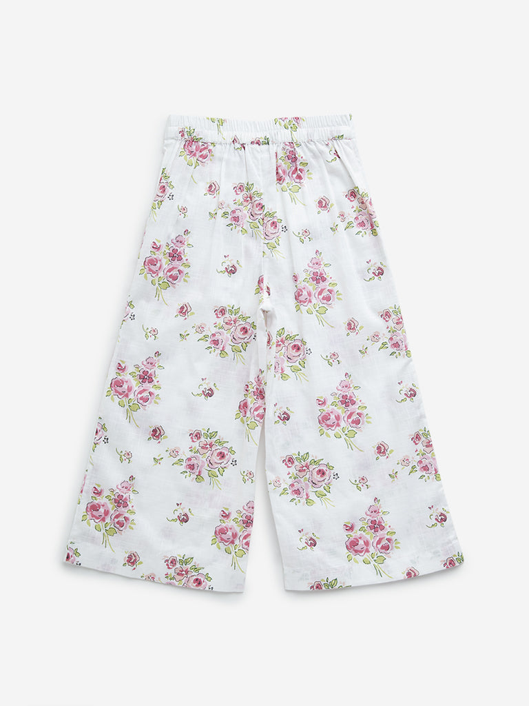 Utsa Kids White Floral Print High-Rise Cotton Palazzos - (2 -8yrs)