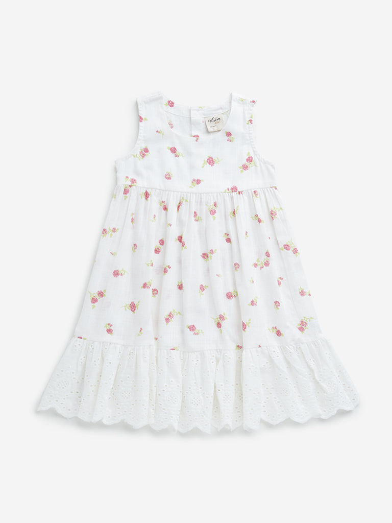 Utsa Kids White Floral Printed Cotton Tiered Dress - (2 -8yrs)