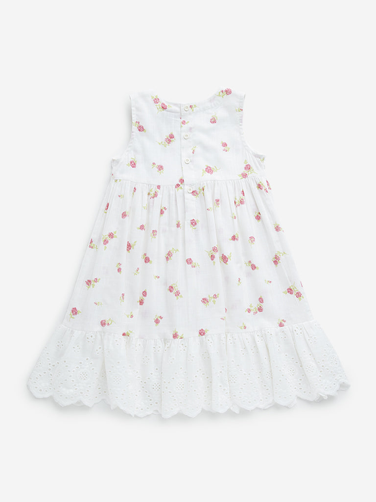 Utsa Kids White Floral Printed Cotton Tiered Dress - (2 -8yrs)