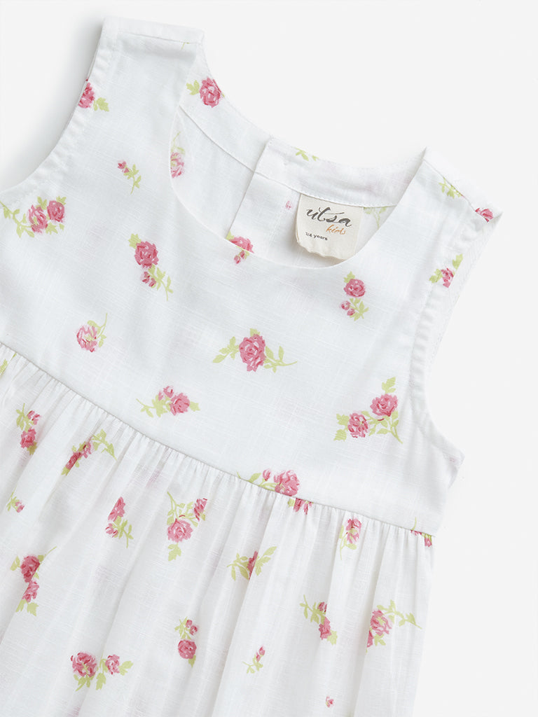 Utsa Kids White Floral Printed Cotton Tiered Dress - (2 -8yrs)