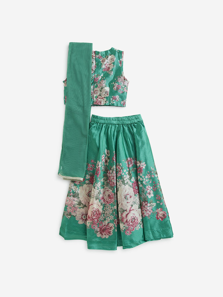 Utsa Kids Jade Green Floral Printed Ghagra, Choli with Dupatta Set - (2 -8yrs)