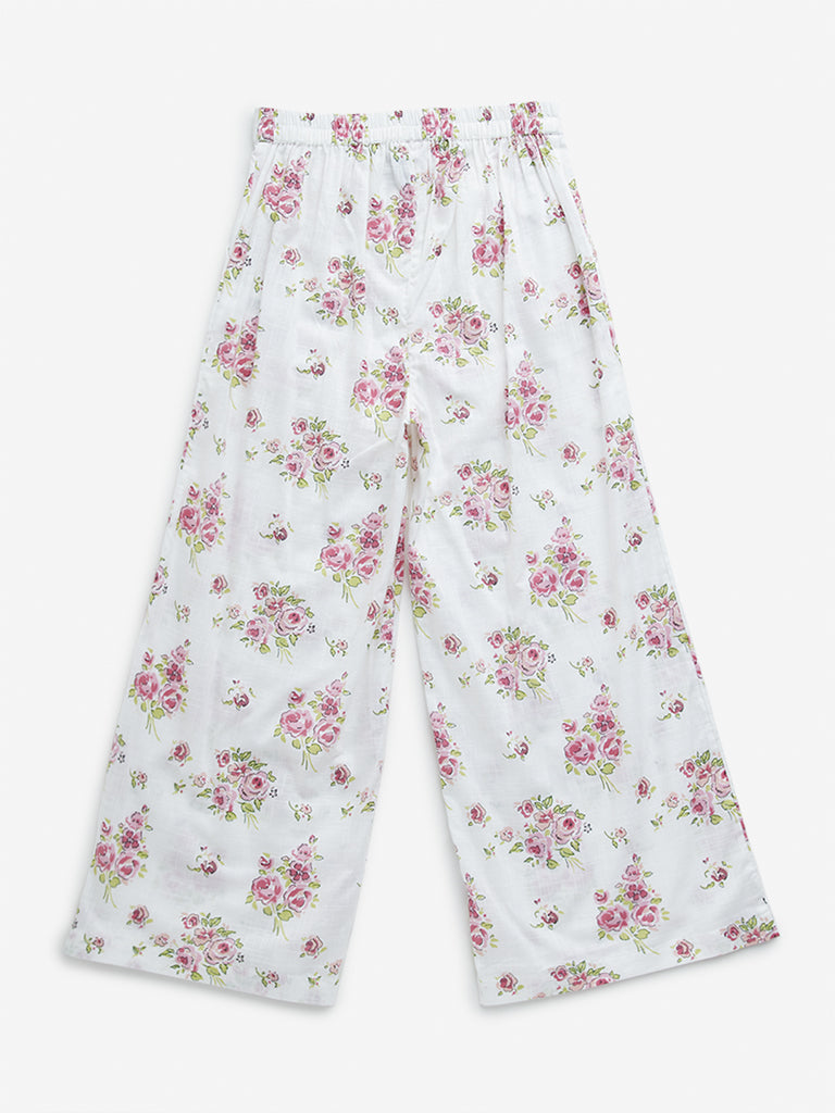 Utsa Kids White Floral Print High-Rise Cotton Palazzos - (8 -14yrs)