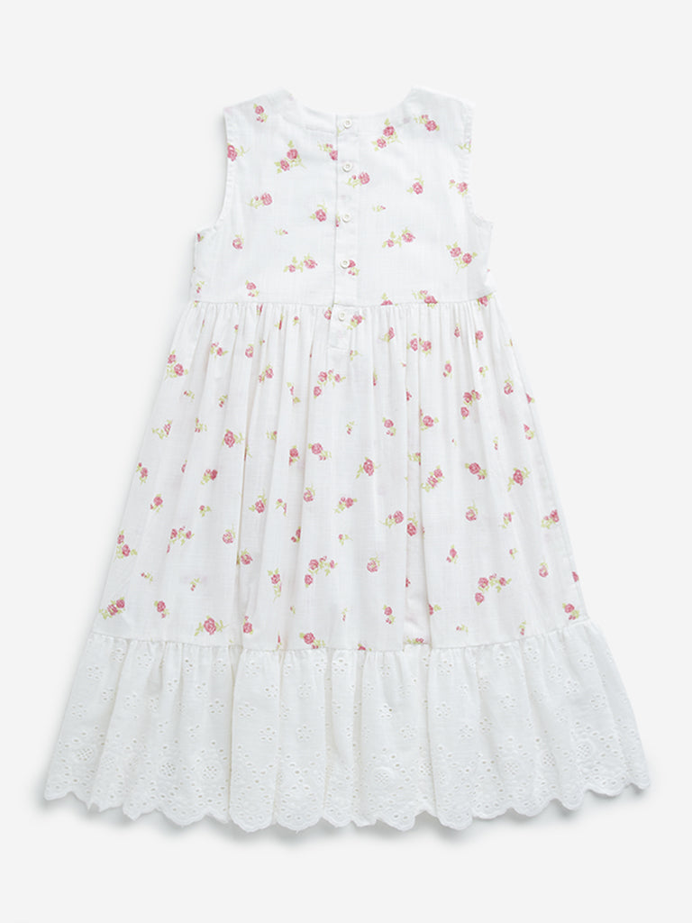 Utsa Kids White Floral Printed Cotton Tiered Dress - (8 -14yrs)