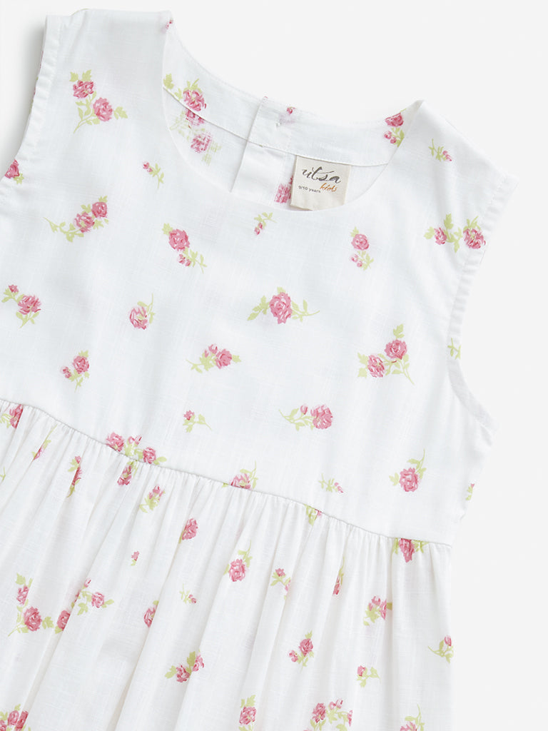 Utsa Kids White Floral Printed Cotton Tiered Dress - (8 -14yrs)