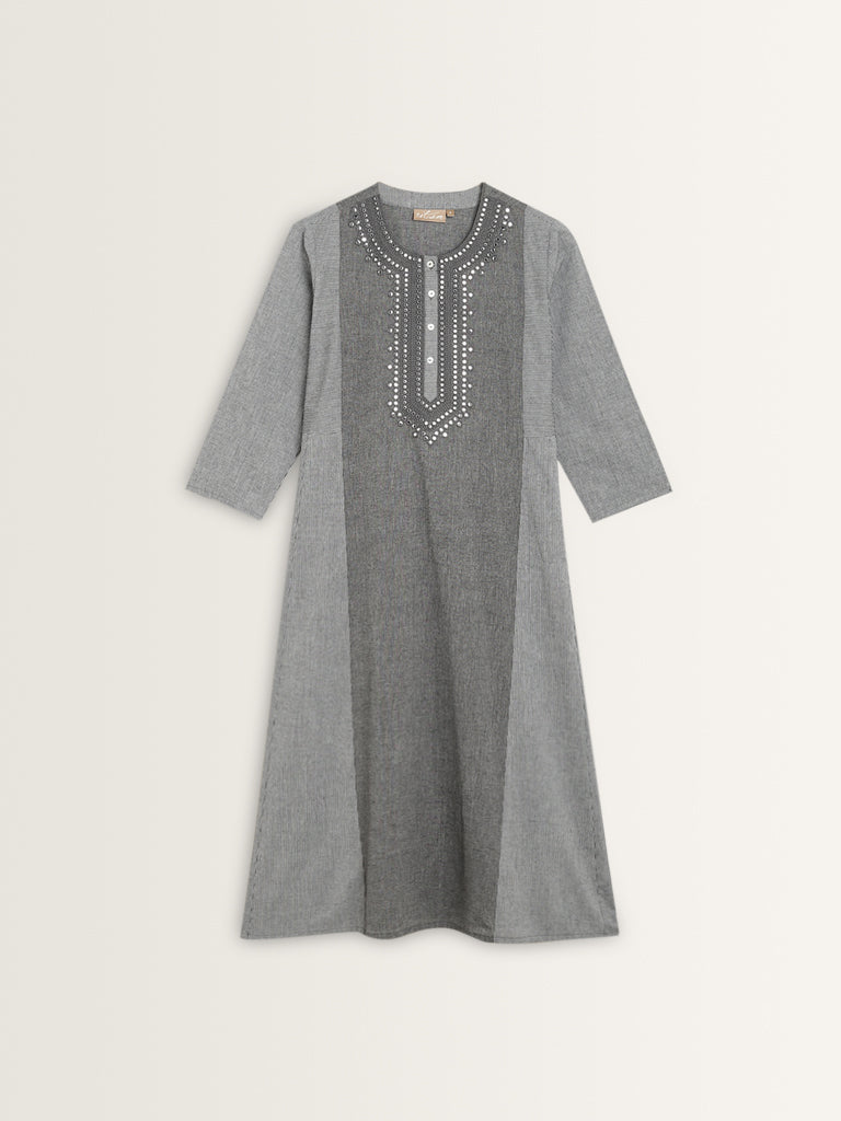 Utsa Grey Mirror-Work A-Line Cotton Kurta