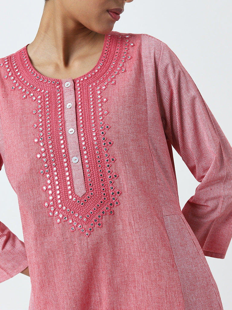 Utsa Light Pink Mirror-Work A-Line Cotton Kurta