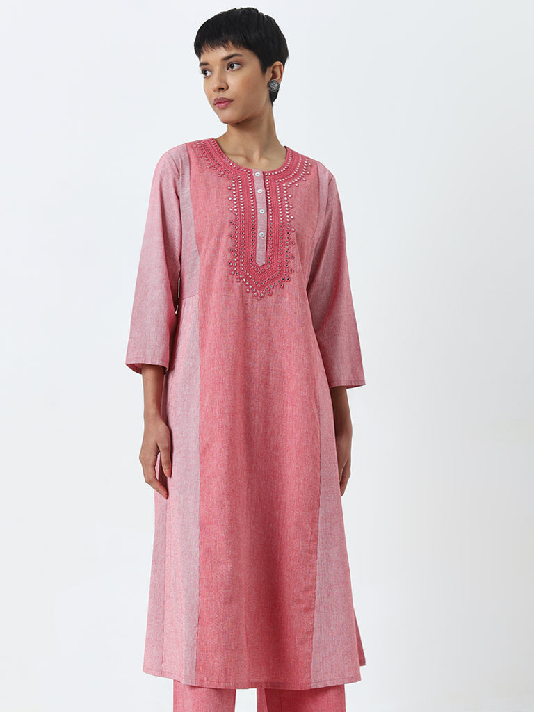 Utsa Light Pink Mirror-Work A-Line Cotton Kurta