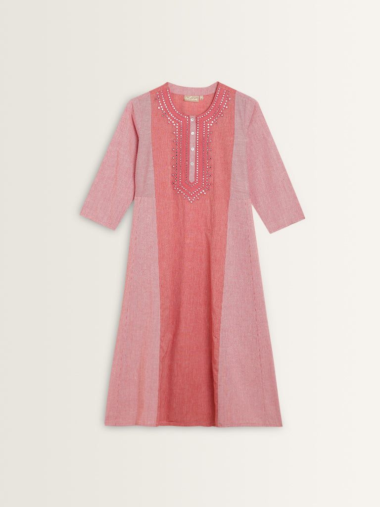 Utsa Light Pink Mirror-Work A-Line Cotton Kurta