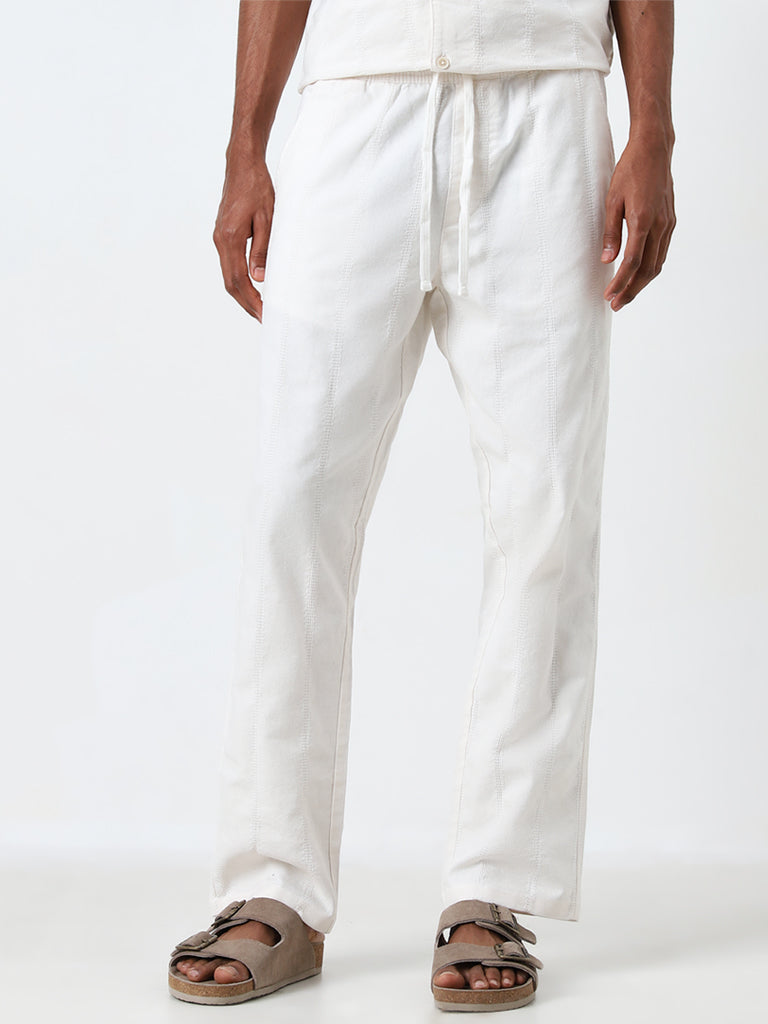 ETA White Self-Striped Relaxed-Fit Mid-Rise Cotton Chinos