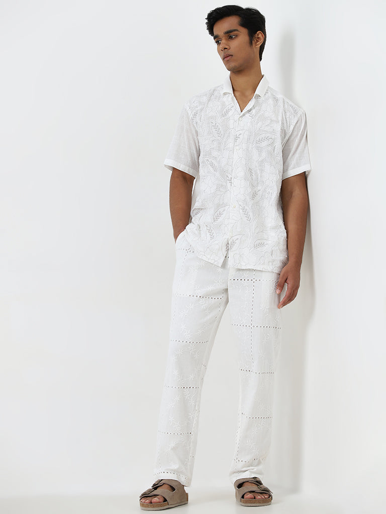 ETA White Embroidered Relaxed-Fit Mid-Rise Cotton-Blend Chinos