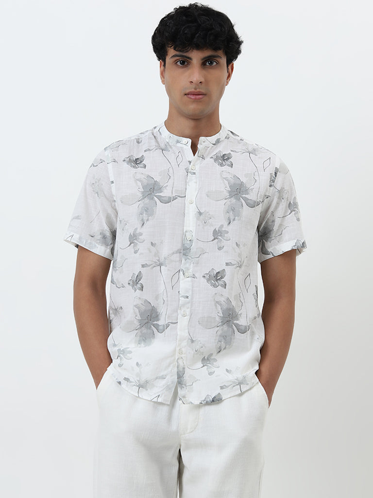 ETA Light Grey Floral Design Resort-Fit Cotton Shirt