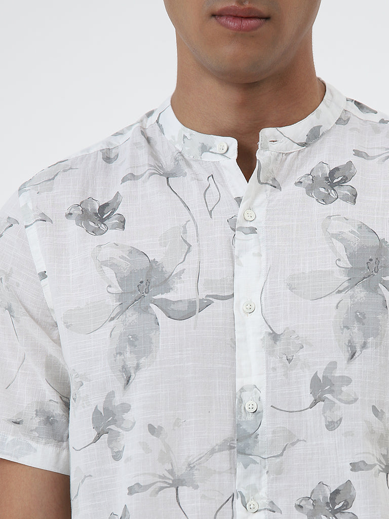 ETA Light Grey Floral Design Resort-Fit Cotton Shirt