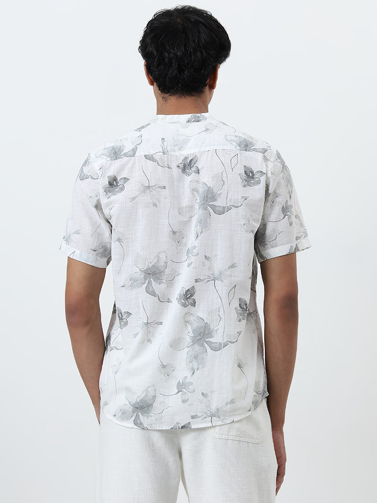 ETA Light Grey Floral Design Resort-Fit Cotton Shirt