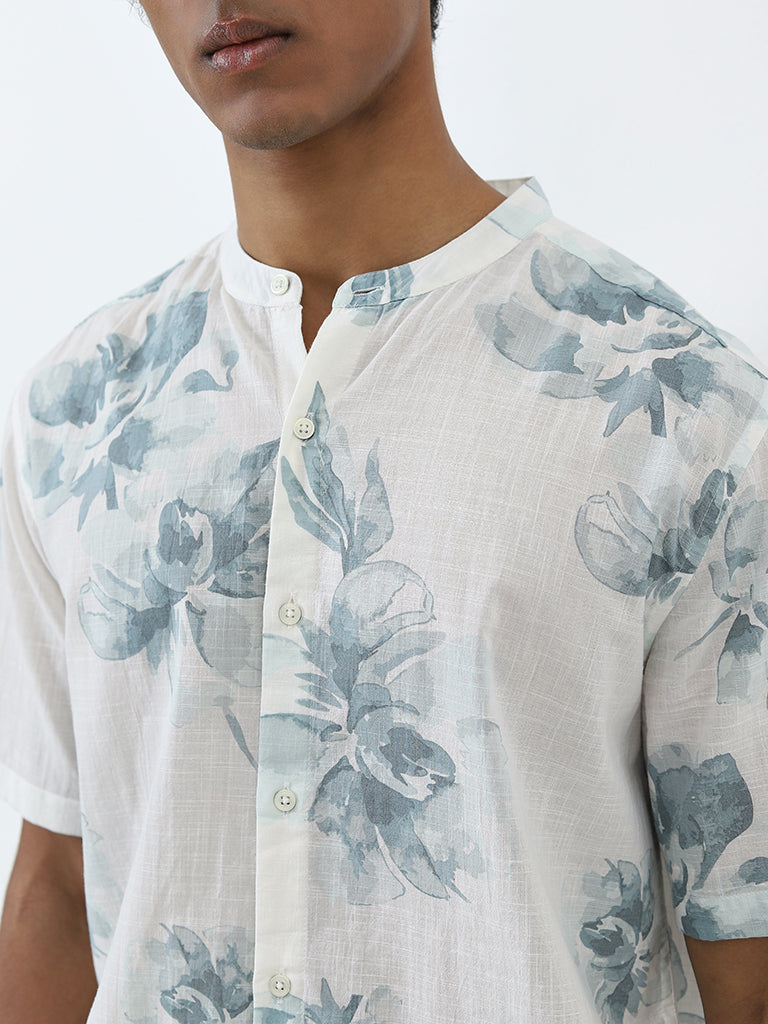 ETA Blue Floral Design Resort Fit Cotton Shirt