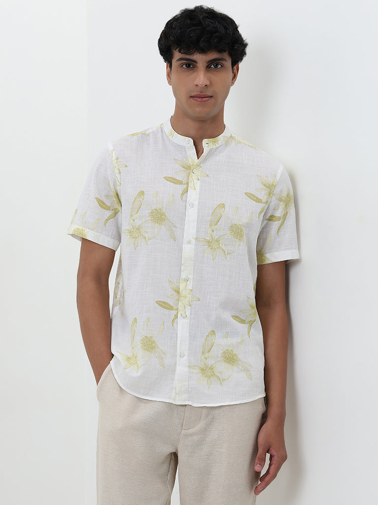 ETA Light Yellow Leaf Pattern Resort-Fit Cotton Shirt