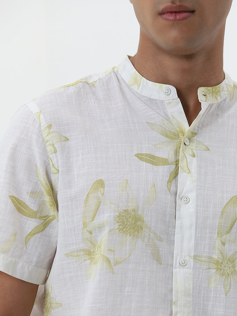 ETA Light Yellow Leaf Pattern Resort-Fit Cotton Shirt