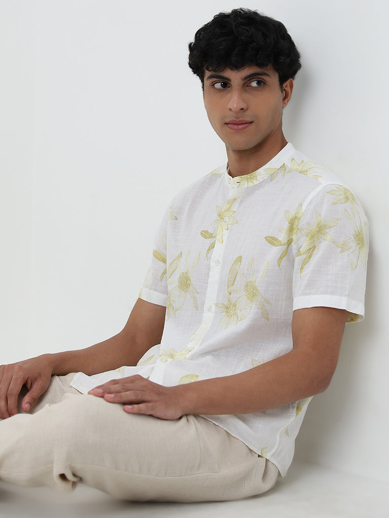 ETA Light Yellow Leaf Pattern Resort-Fit Cotton Shirt