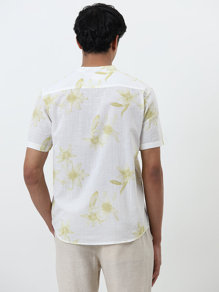 ETA Light Yellow Leaf Pattern Resort-Fit Cotton Shirt