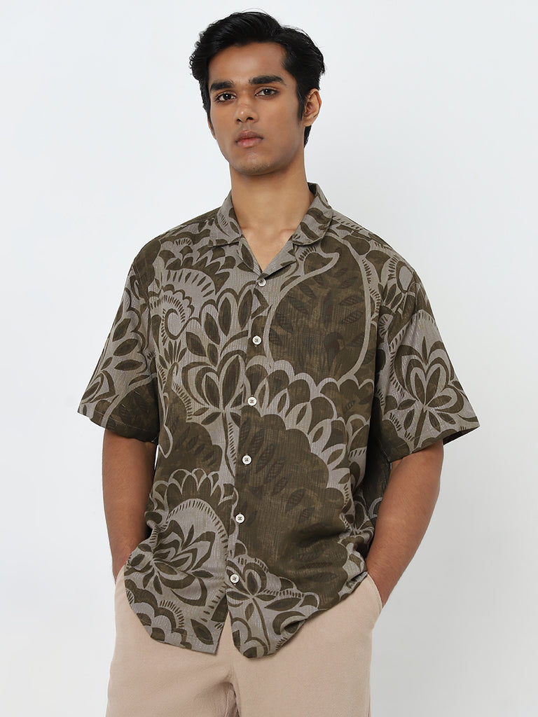 ETA Olive Floral Printed Relaxed-Fit Shirt