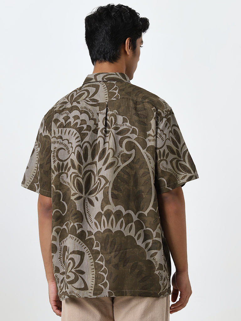 ETA Olive Floral Printed Relaxed-Fit Shirt