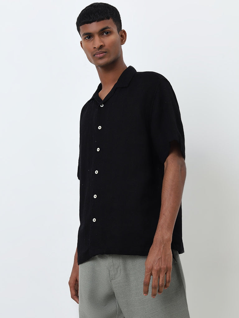 ETA Black Knitted Relaxed-Fit Cotton Shirt