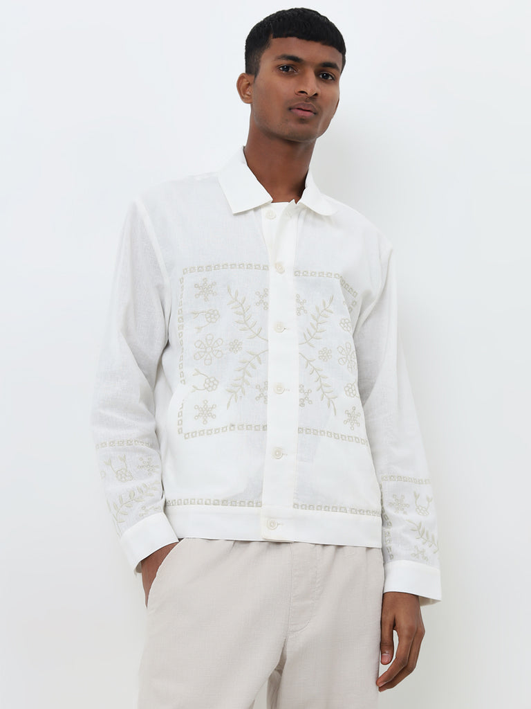 ETA White Floral Embroidered Relaxed-Fit Cotton Blend Shirt