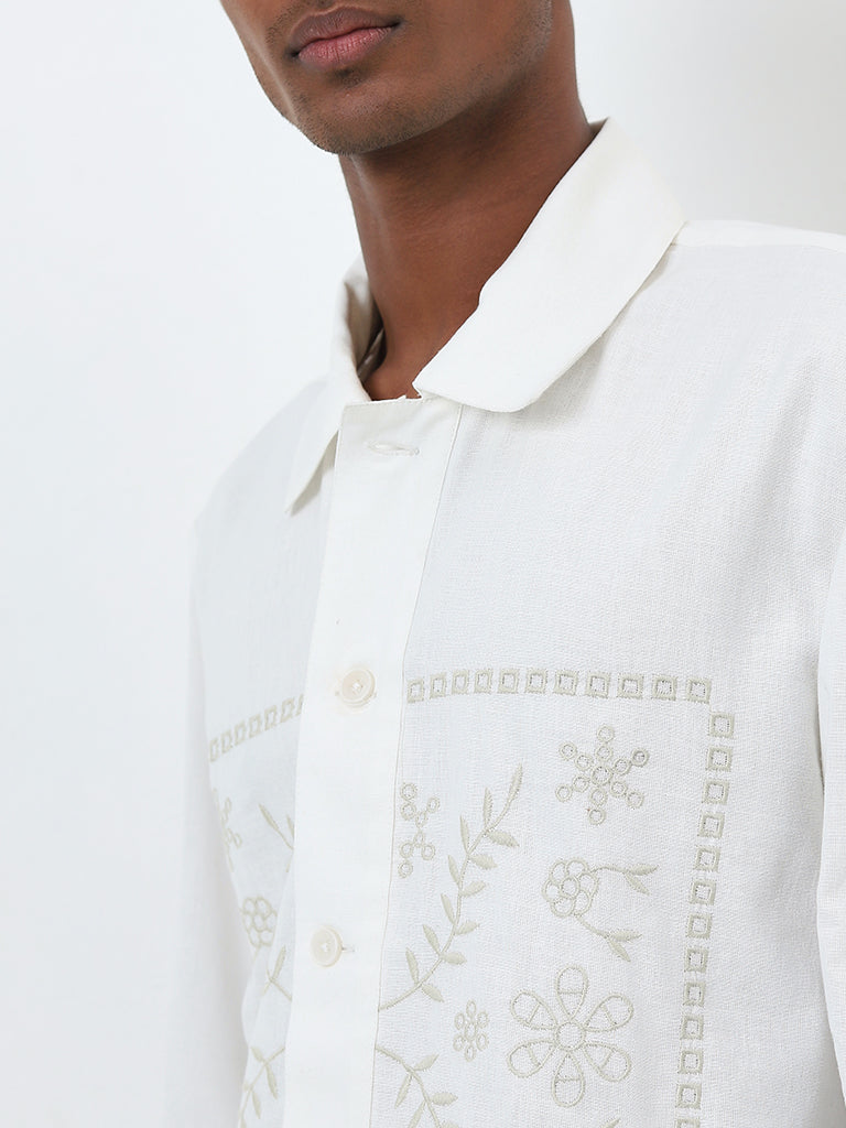 ETA White Floral Embroidered Relaxed-Fit Cotton Blend Shirt