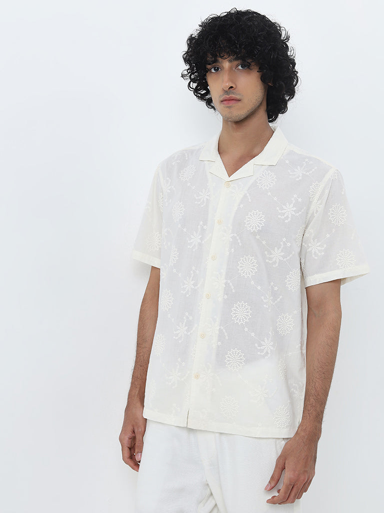 ETA White Floral Embroidered Relaxed-Fit Cotton Shirt