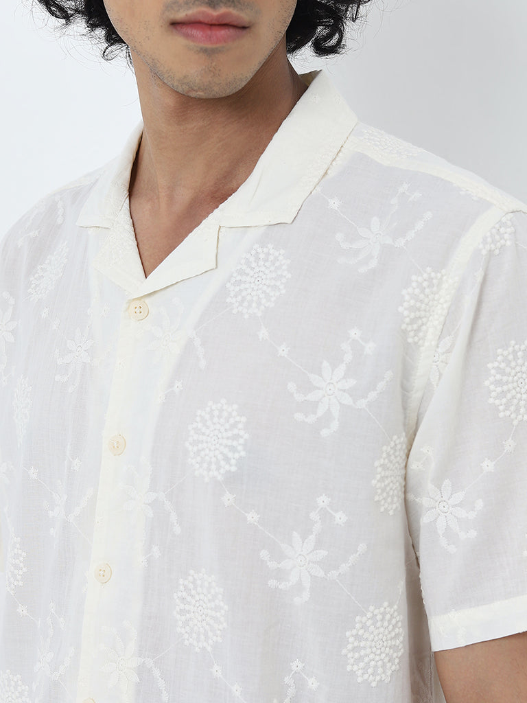 ETA White Floral Embroidered Relaxed-Fit Cotton Shirt