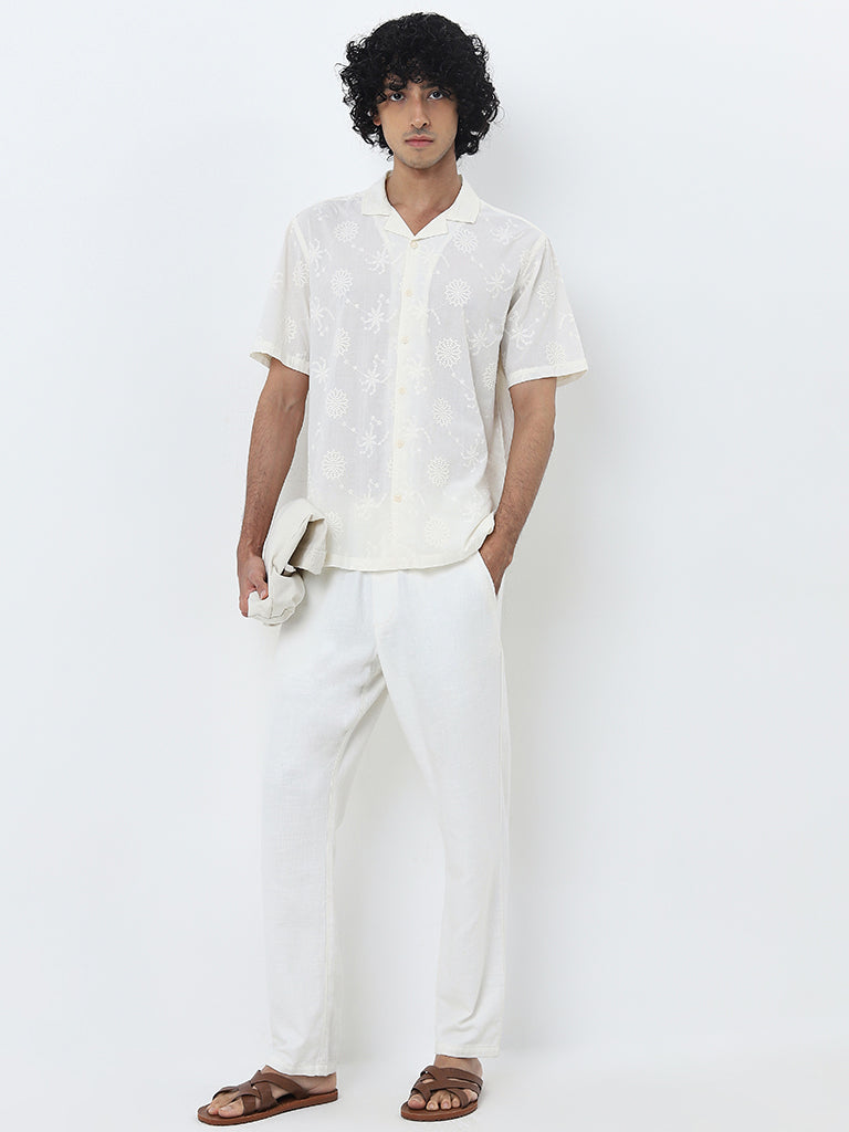 ETA White Floral Embroidered Relaxed-Fit Cotton Shirt