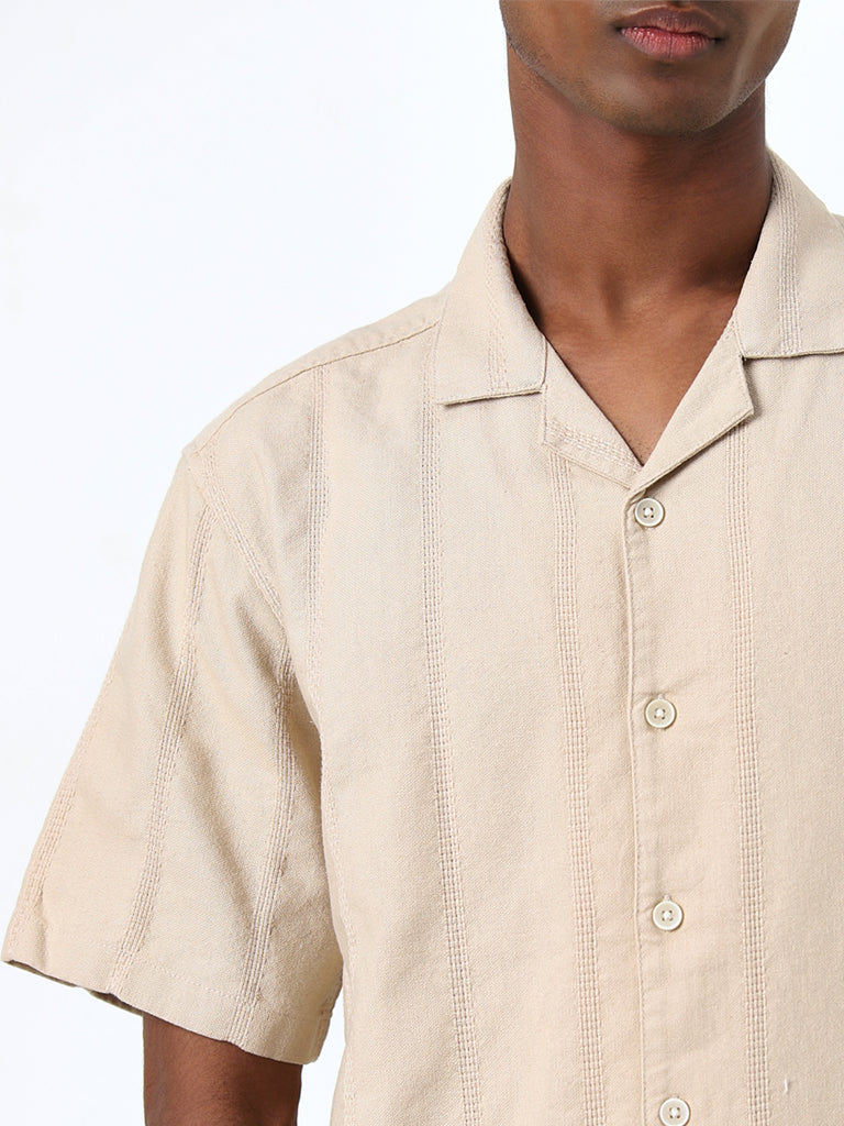 ETA Beige Self-Striped Relaxed-Fit Cotton Shirt