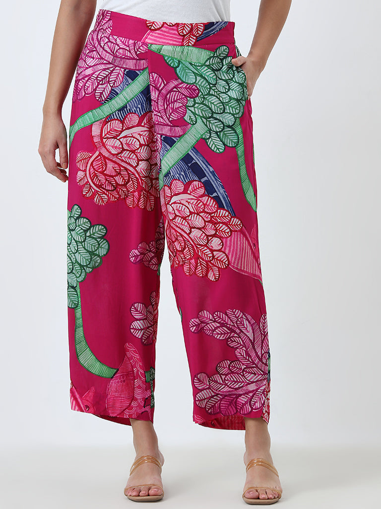 Diza Pink Floral Printed High-Rise Ethnic Pants