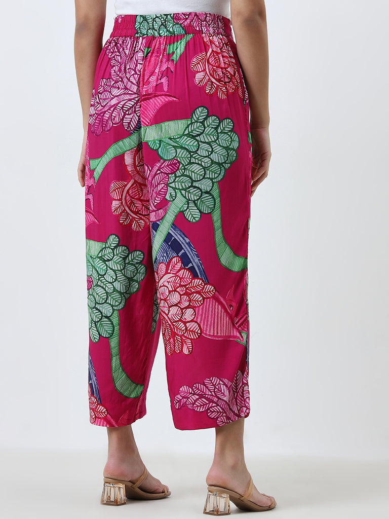 Diza Pink Floral Printed High-Rise Ethnic Pants