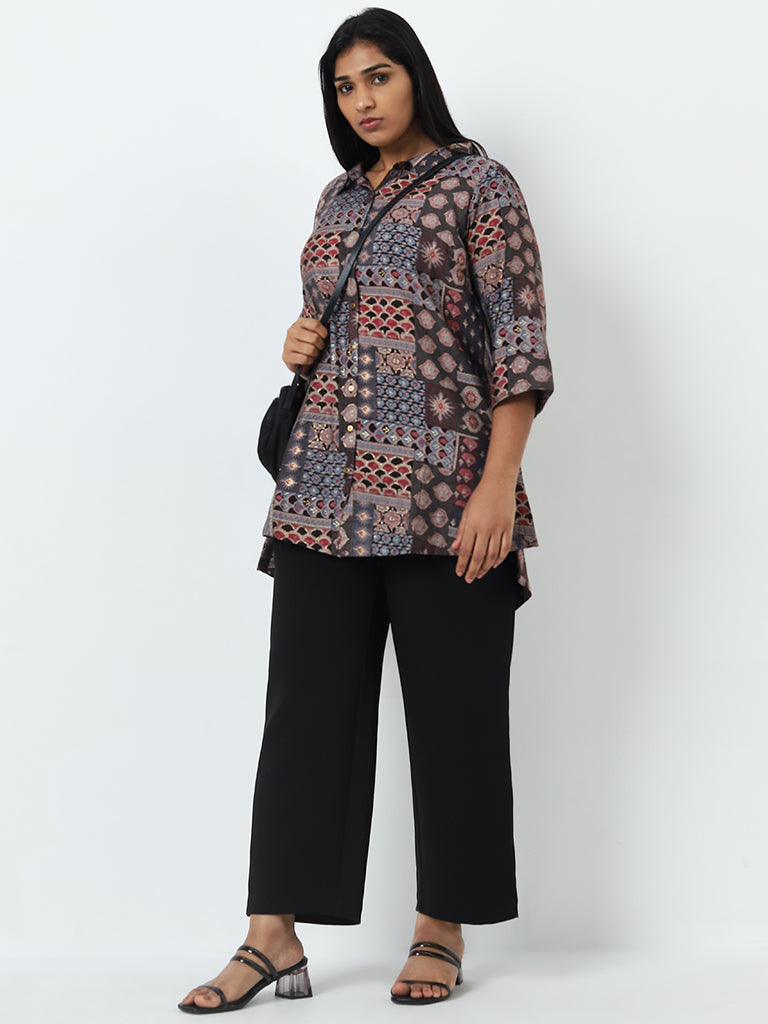 Diza Brown Abstract Printed High-Low Tunic